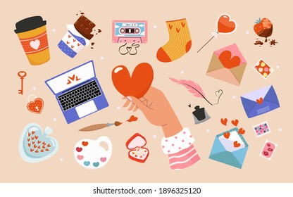 Illustrations for Valentine's Day. Set of vector cute objects and elements for Valentine's Day greeting cards: lollipop, letters, stamps, lock, strawberry, coffee, chocolate, ring. Holiday concept.