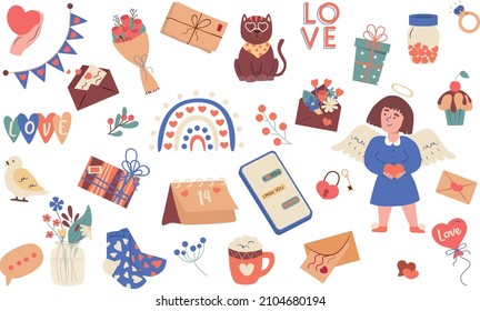 
Illustrations for Valentine's Day. Set of vector cute items and elements for Valentine's Day greeting cards: angel, letters, letters, envelopes, flowers, ring, chocolate, ring. Holiday concept.