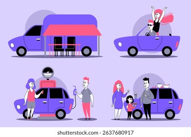 Illustrations of various car activities, including food truck, family enjoying ride, and individuals interacting with vehicles