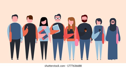 ilustraciones de varios estudiantes universitarios con libros, bolsas de carga, etc.