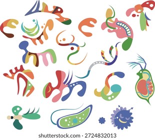 Ilustrações de várias criaturas no estilo de Kandinsky.
