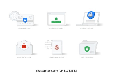 Illustrations of various digital security services. Suitable for design elements of digital security applications, technology companies, and internet network protection.