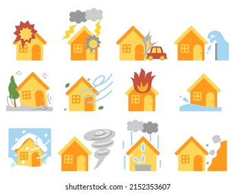 Ilustraciones de varios desastres. Se puede utilizar como ejemplo para el seguro contra incendios.