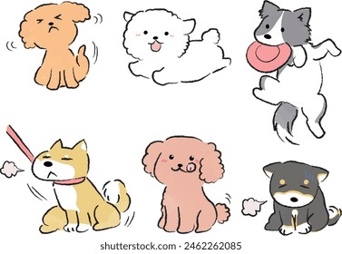 Illustrations of various dogs
Running, jumping, depressed, happy, itching