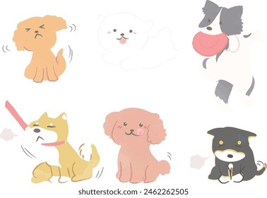 Illustrations of various dogs
Running, jumping, depressed, happy, itching