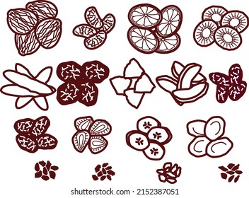 Illustrations of various dried fruits