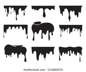 Illustrations of various dripping black paint. Vector pictures of splashes. Ink drip and blob, drop splash, splatter stain