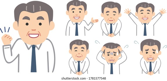 Illustrations of various emotions and poses of an old worker