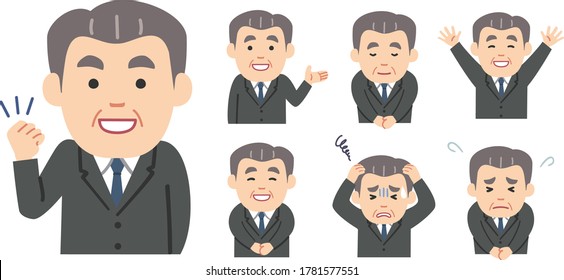 Illustrations of various emotions and poses of an old worker