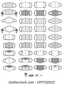 Illustrations of various face masks. Line drawing. Fashionable mask.