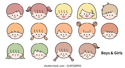 Illustrations of various faces of boys and girls