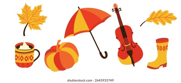  Illustrations of various fall objects including a maple leaf, pumpkin, umbrella, coffee cup, cello and boot
