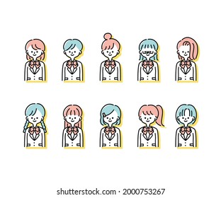 Illustrations of various female students in winter uniforms (upper body)