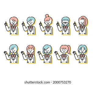 Illustrations of various female students in winter uniforms (upper body)
