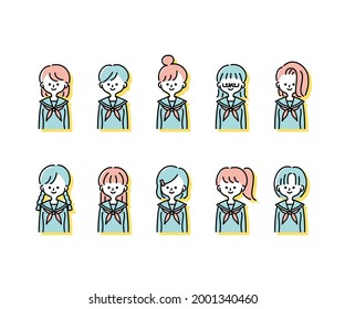 Illustrations of various female students in winter uniforms (upper body)