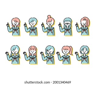 Illustrations of various female students in winter uniforms (upper body)