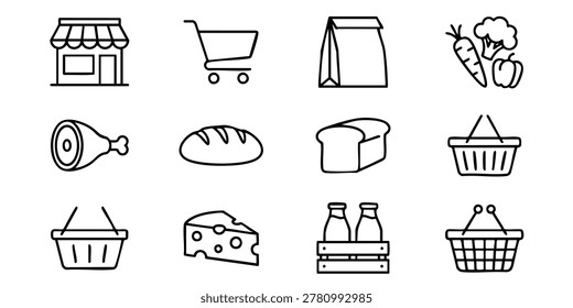 Illustrations of various food items and bakery shops are on display, Grocery shopping icons show various food and shopping items on white, A grocery shopping scene with various food items and shopping baskets at a store.