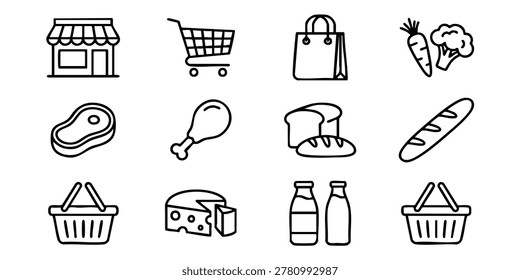 Illustrations of various food items and bakery shops are on display, Grocery shopping icons show various food and shopping items on white, A grocery shopping scene with various food items and shopping baskets at a store.