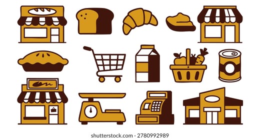 Illustrations of various food items and bakery shops are on display, Grocery shopping icons show various food and shopping items on white, A grocery shopping scene with various food items and shopping baskets at a store.