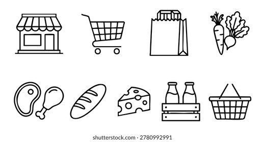 Illustrations of various food items and bakery shops are on display, Grocery shopping icons show various food and shopping items on white, A grocery shopping scene with various food items and shopping baskets at a store.