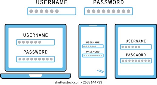 Illustrations of various information terminals with usernames and passwords typed in