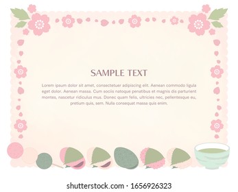 Illustrations of various Japanese sweets and Japanese tea.
Background is illustration of cherry blossoms with watercolor style texture.
Can be used as a frame for advertisements and cards.