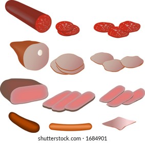 Illustrations of various lunch meats: pepperoni, ham, roast beef, sausage. Isometric 3d style