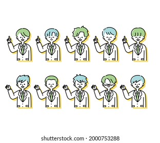 Illustrations of various male students in winter uniforms (upper body)