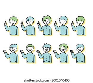 Illustrations of various male students in winter uniforms (upper body)