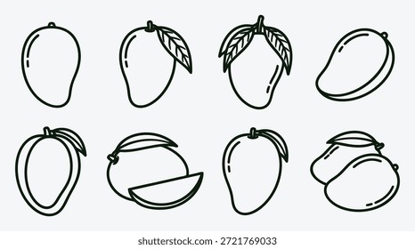 Illustrations of various mango fruit in line art style