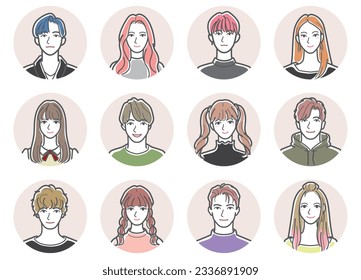 Illustrations of various people's faces. Young man's face.