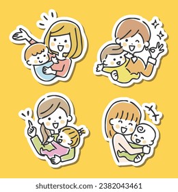 Ilustraciones de varias madres y bebés positivos.