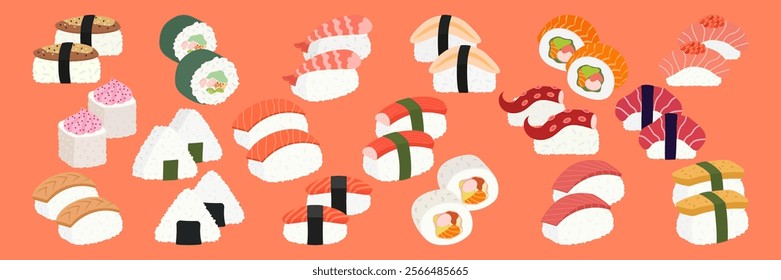 Illustrations of Various Sushi Types and Platters. Flat Vector Set