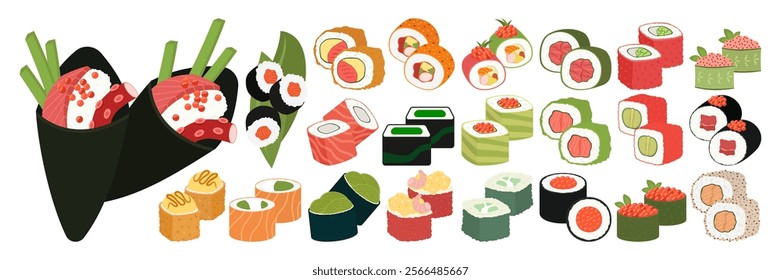 Illustrations of Various Sushi Types and Platters. Flat Vector Set