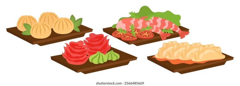 Illustrations of Various Sushi Types and Platters. Flat Vector Set