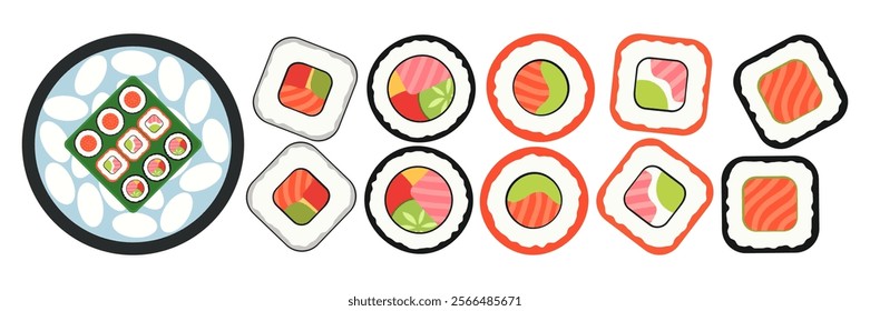 Illustrations of Various Sushi Types and Platters. Flat Vector Set