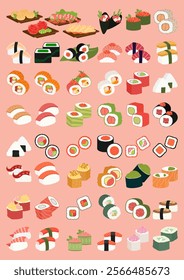 Illustrations of Various Sushi Types and Platters. Flat Vector Set