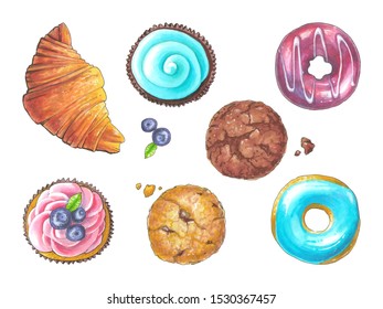 Illustrations of various sweets and pastries. Doughnuts, cookies, cupcakes with cream and a croissant