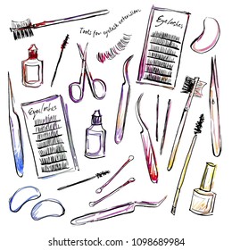 Illustrations of various tools for eyelash extension.