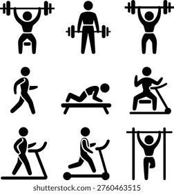 Illustrations of various weight training and cardio exercises