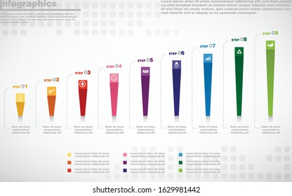 illustrations vector of 3d infographics design and business marketing icons with 9 options or processes layout, diagram, annual report, web design. eps10