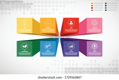 illustrations vector of 3d infographics design and business marketing icons with 8 options or processes layout, diagram, annual report, web design. eps10
