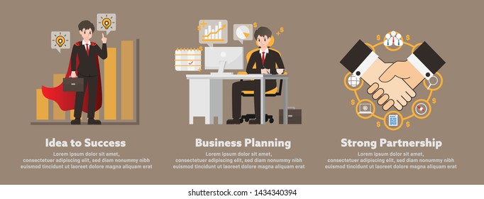 Illustrations vector business idea with strategy concept,planning to success,Businessman character cartoon take a seat on office desk with computer and finance and contract for start up procedure.