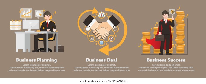 Illustrations vector business idea with strategy concept,planning to success,Businessman character cartoon take a seat on office desk with computer and finance and contract for start up procedure.