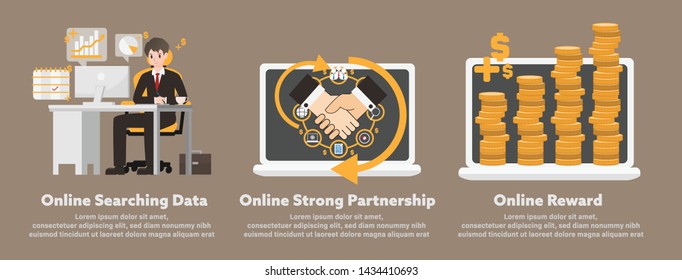 Illustrations vector business idea with strategy concept,planning to success,Businessman character cartoon take a seat on office desk with computer and finance and contract for start up procedure.