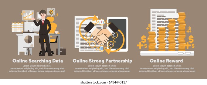 Illustrations vector business idea with strategy concept,planning to success,Businessman character cartoon take a seat on office desk with computer and finance and contract for start up procedure.
