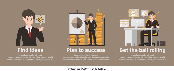 Illustrations vector business idea with strategy concept,planning to success,Businessman character cartoon take a seat on office desk with computer and finance and contract for start up procedure.