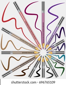 illustrations vector of colorful eyeliner pencil collection on gray background