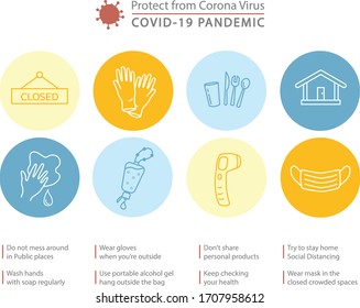 Illustrations Vector Icon Set In Line Art Concept Design, Show How To Protect Yourself From Corona Virus Or COVID-19 Pandemic. Health Care Guidelines To Make You Life Safety.