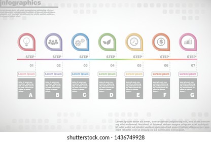 illustrations vector of infographics design and business marketing icons with 7 options or processes layout, diagram, annual report, web design. eps10